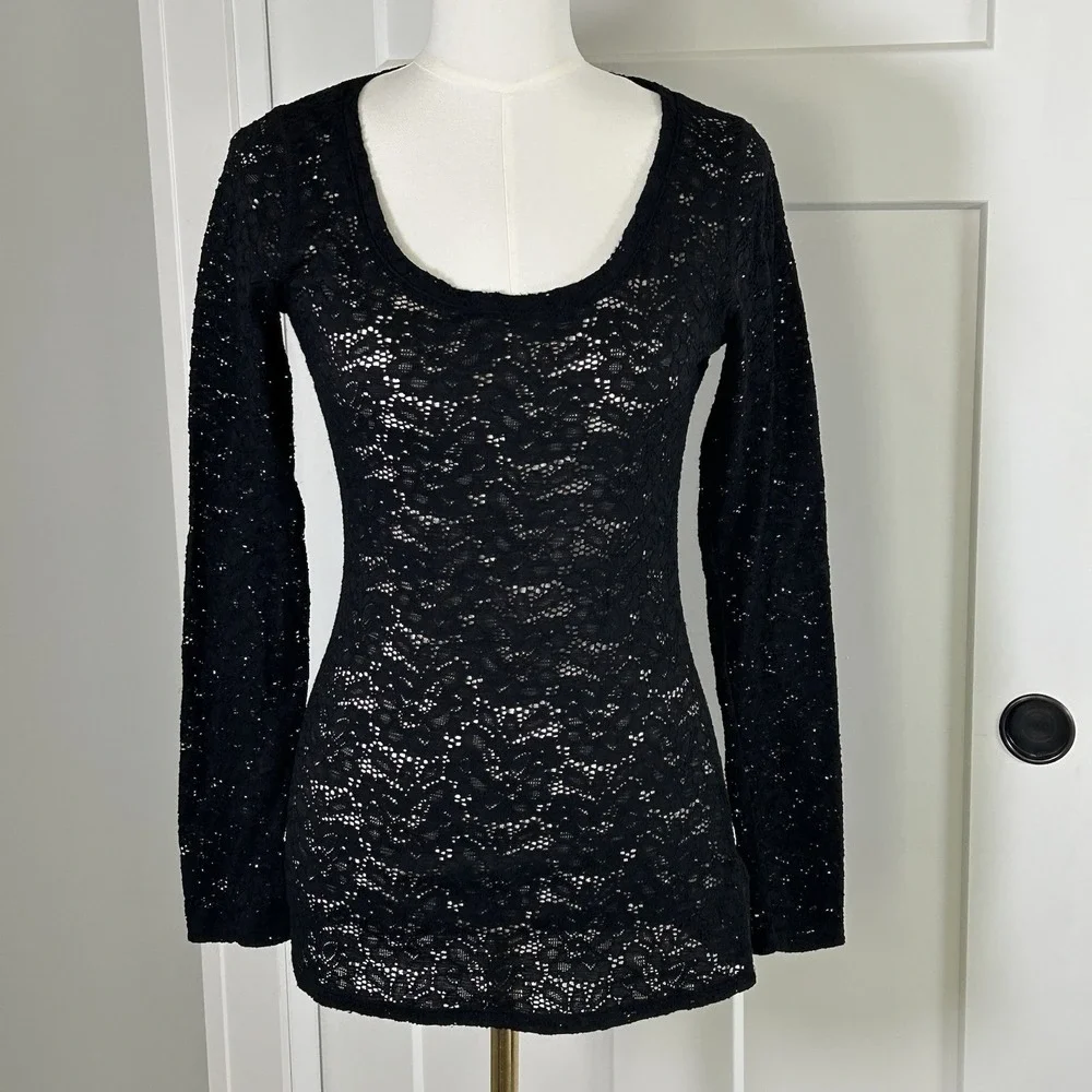 Express Black Floral Stretchy Lace Sheer Top Women's S Long Sleeve Scoop Neck